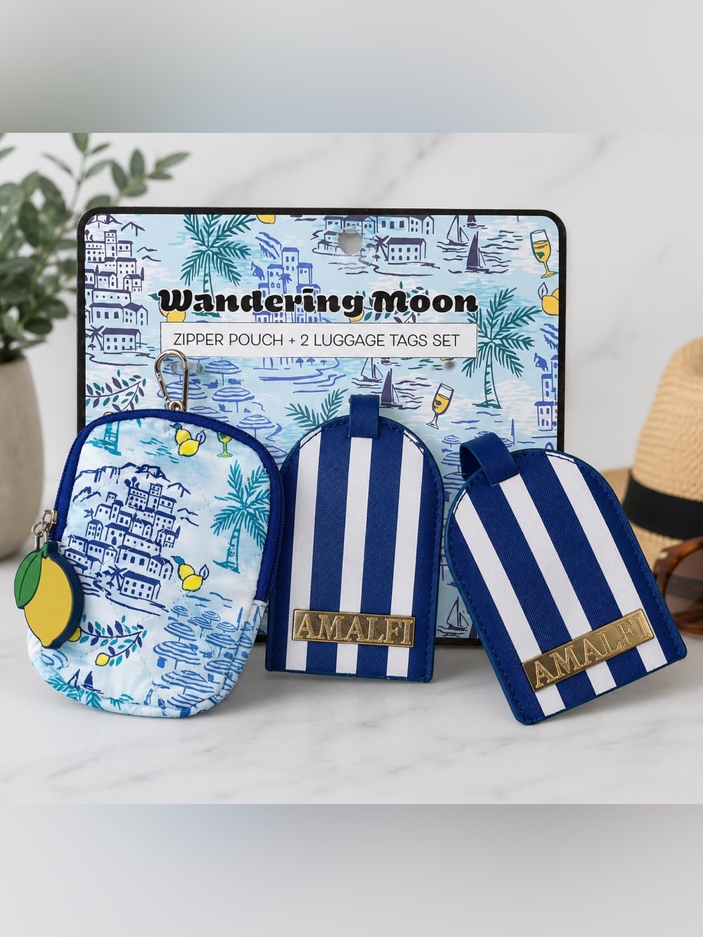 Wandering Moon NWT Amalfi Coast Travel Set Zipper Pouch Luggage Tags Blue Stripe